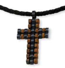 Stainless Steel Wood and Black Color IP-plated Cross 18in Necklace